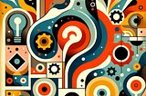 Abstract mid-century modern style thumbnail depicting curiosity in project management. Features symbolic elements like question marks, gears, and lightbulbs in vibrant colors, embodying the theme of innovative thinking and exploration without the use of words.