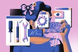 This digital illustration features a collage-style composition combining various tools, icons, and abstract elements. It includes a screwdriver, pencil, and wrench, alongside a gear icon, a pixelated bow, an eye, and overlapping window frames, all in a vibrant pink and blue palette. The central figure appears obscured by these overlapping objects, creating a surreal, tech-inspired aesthetic.
