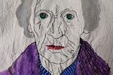 Embroidered portrait of an elderly white woman with a blue shirt and purple coat