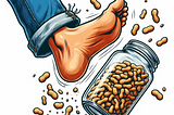 Cartoon of a leg in blue jeans with a bare foot kicking over a mason jar full of peanuts