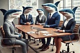 There are five business people with shark heads sitting around a conference table in an office. All have serious expressions and are dressed in suits.