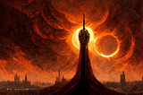 Mount Doom, with ring-like lights in the orange sky.