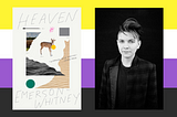 “Heaven” book cover and Emerson Whitney’s portrait overlaid on non-binary flag