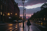 A city with Red ground and purple skies, the skies have dark purple clouds inside it, there is a big white shining Palace far in distance. The rest of the image seems like a hellish new york city. Victorian lampposts line the streets.