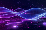 AI generated abstract digital scene: translucent horizontal light-helixes above a purple-gray circuit-like surface with glowing chips and code glyphs.