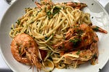 A plate of Wild Gambas (shrimp) Linguine at The Seafood Café, Dublin, Ireland