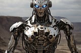 An AI generated futuristic picture of a chrome skinned robot with glowing blue eyes standing on a stark landscape.