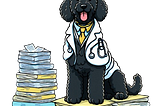 A dog with a doctor’s coat sitting on top of a pile of notes