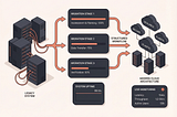 Legacy system modernization architecture showing transformation from old enterprise servers to modern cloud infrastructure with workflow migration stages and monitoring dashboards.