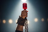 A hand holding a vintage red microphone is chained up, symbolizing the struggle for freedom of speech and expression