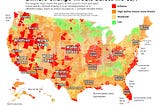 A map of the United states combining geographic distribution of six kinds of climate threats in 2009: extreme heat, wildfires, water stress, extreme rainfall, sea level rise, and hurricanes and typhoons.