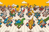 illustration with different subjects on top of individual puzzle pieces