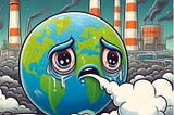An anthropomorphic Earth coughing and with red, watery eyes as pollution spreads