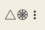 A minimalist vector graphic on a soft off-white background shows three black symbols in a horizontal line: a solid upright triangle on the left, an eight-pointed star enclosed in a circle at center, and three evenly spaced black dots stacked vertically on the right.