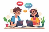 an ai-generated illustration of a nerdy man and woman chatting online