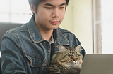 Man in denim jacket sits behind laptop with grey striped cat on his lap.