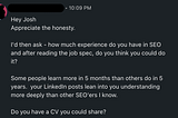 LinkedIn conversation about job experience
