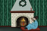 Illustration of a girl sitting comfortably and reading in front of a fireplace