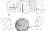 Sticky figure character sits in front of desk, staring at a blank computer screen. The desk oversees an expansive view of a busy city landscape.