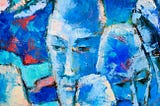 An oil painting of blue heads and faces.