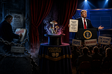 A split, theatrical scene: left side shows a shadowy official reviewing a “blocked” FDA document; center shows glowing mushrooms rising from a magician’s hat labeled political theater; right side shows a brightly lit press conference with a leader holding an executive order as a crowd holds hopeful signs.
