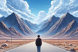 a person walking alone on an empty road surrounded by barren land and high mountains in anime style