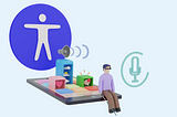 An illustration about accessibility, a blind man sitting on a phone and listening the applications