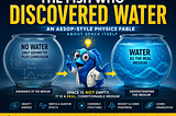 A cinematic illustrated science poster showing a curious cartoon fish scientist standing between two fishbowls. The bowl on the left is labeled “No Water, Only Geometry Plus Confusion,” while the bowl on the right is filled with glowing water and labeled “Water as Medium.” Arrows connect the scenes to symbolize discovery and scientific realization. The design combines playful Aesop-style storytelling with futuristic cosmology themes, using bright blue aquatic colors, scientific symbols, and bold