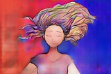 Digital artwork by author of a girl with closed eyes, her multicolored hair flowing outward. The background shows a combo of warm red on the left blending into deep blue and purple tones on the right, symbolizing the light and dark aspect of the self.