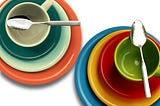 Two stacks of colorful dishes, viewed from above. Each has plates of successively smaller size, with a mug and a spoon on top.