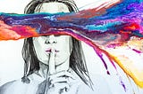Black and white illustration of a woman holding index finger to her lips & a splash of multiple colors streaks over her eyes