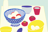 A table with bowls, fruits, and vegetables to illustrate the concept of recipe