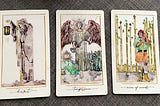 3 Tarot cards laid out from left to right: Hermit, Temperance, Nine of Wands. The illustrations are based on traditional Tarot card design, but recreated in watercolor.