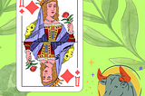 An illustrated queen of diamonds playing card featuring a female figure holding a flower, accented by leafy green background and a taurus zodiac symbol.