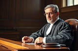 Judge sitting at his bench looking as though he’s listening to the defendant’s case