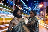 Caveman and Cave woman standing in a modern city