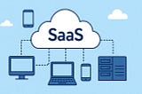 Illustration of cloud computing with interconnected devices representing SaaS applications