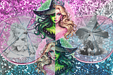 Glinda and Elphaba as children behind cracked rose-colored glasses merging with half Glinda half Elphaba images against a purple and blue glittered background