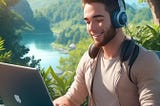 A young red-haired man working on his laptop amidst beautiful nature and sunshine