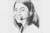 Black-and-white album cover with a pattern of heart shapes superimposed over a photorealistic drawing of a woman in a headset