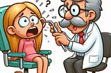 Create an image of a confused looking woman lying on a bed with an ENT doctor poking into her ear.