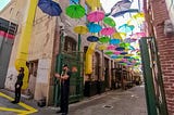 The Orange Street Alley Umbrellas Art Walk Near Me in Downtown Redlands CA