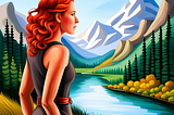 A red-haired woman gazes out at the mountains and river.