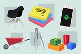 Illustrations of an Eames chair, post-it notes, the Spotify app, a wheelbarrow, the Philippe Starck Alessi Juicy Salif Citrus Squeezer, and a few legos.