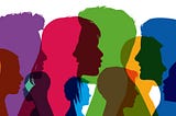 Different colored silhouettes of diverse peoples heads, facing different directions and overlapping colors.