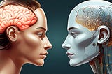 A pair of heads facing each other. One is human, the other robotic. They are cutaway so that their brains, one biological and one android, can be seen.