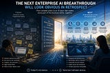 IMAGE: A conceptual illustration contrasting today’s fragmented enterprise AI with a future integrated AI layer. On the left, a cluttered workspace filled with disconnected tools, pilots, spreadsheets, and manual processes. In the center, a glowing doorway labeled as a breakthrough layer. On the right, a bright, organized enterprise where AI is embedded into workflows, continuously learns from outcomes, and improves decisions, products, and business performance