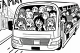 A bus moving quickly and filled with excited people
