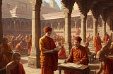 AI-generated historical scene showing the vibrant academic life at Nalanda University before its destruction — Buddhist monks studying scriptures in an open courtyard with intricate stone architecture.