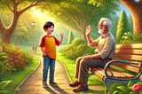 A highly realistic and heartwarming scene in Warm Realism style of a young boy smiling and waving shyly at an elderly man sitting on a park bench. The man looks up and smiles warmly in return. The park features green trees, a winding path, and a sunny atmosphere that highlights the kindness and connection between the two, capturing a tender and uplifting moment.